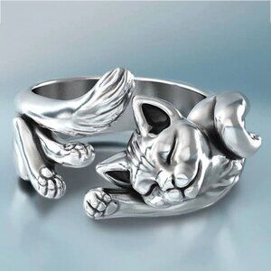 Kitty  Cat Ring  925 Silver Plated Copper Totem Ring Adjustable  New
